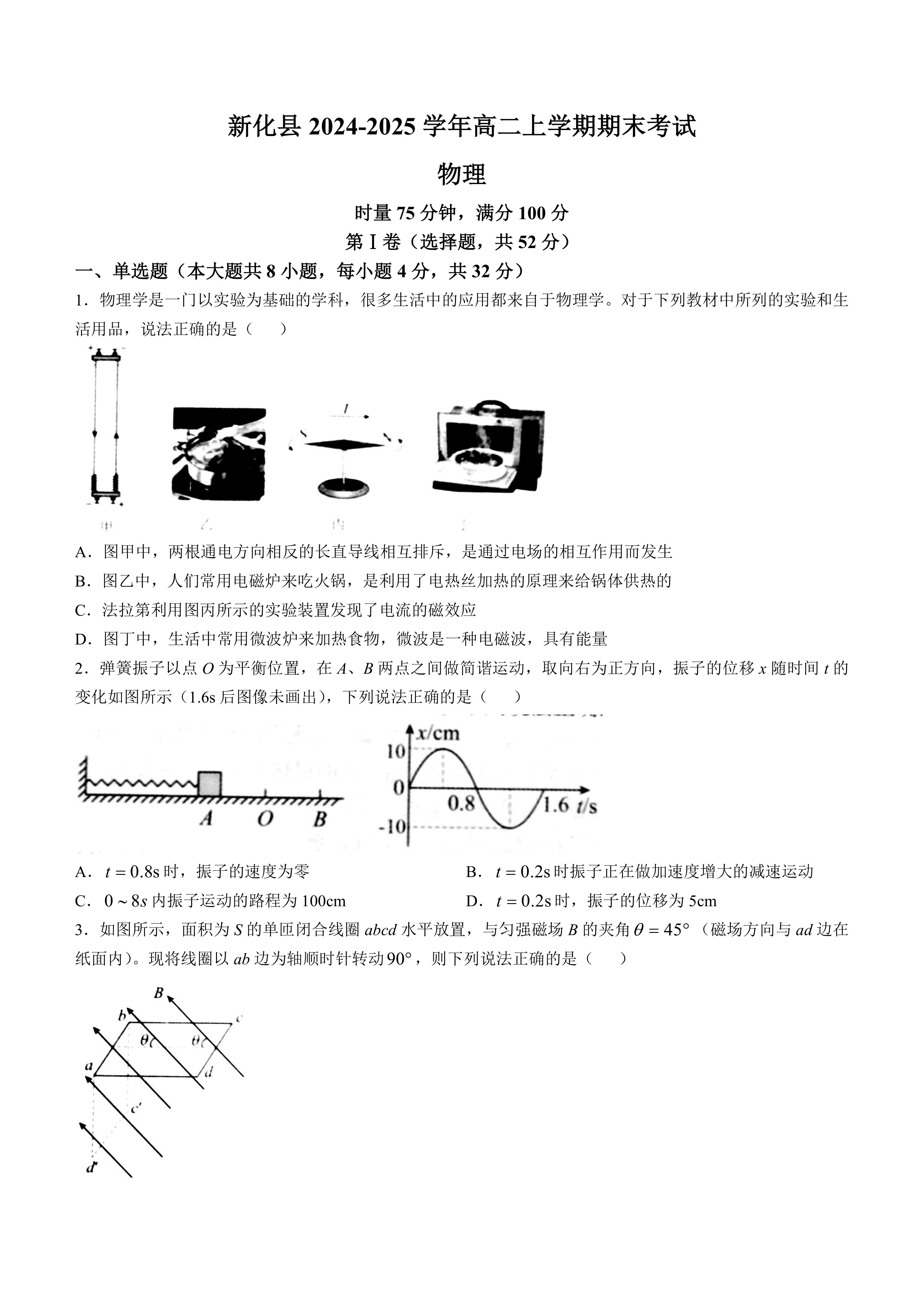 湖南省娄底市新化县2024-2025学年高二上学期期末考试物理试卷(含答案)
