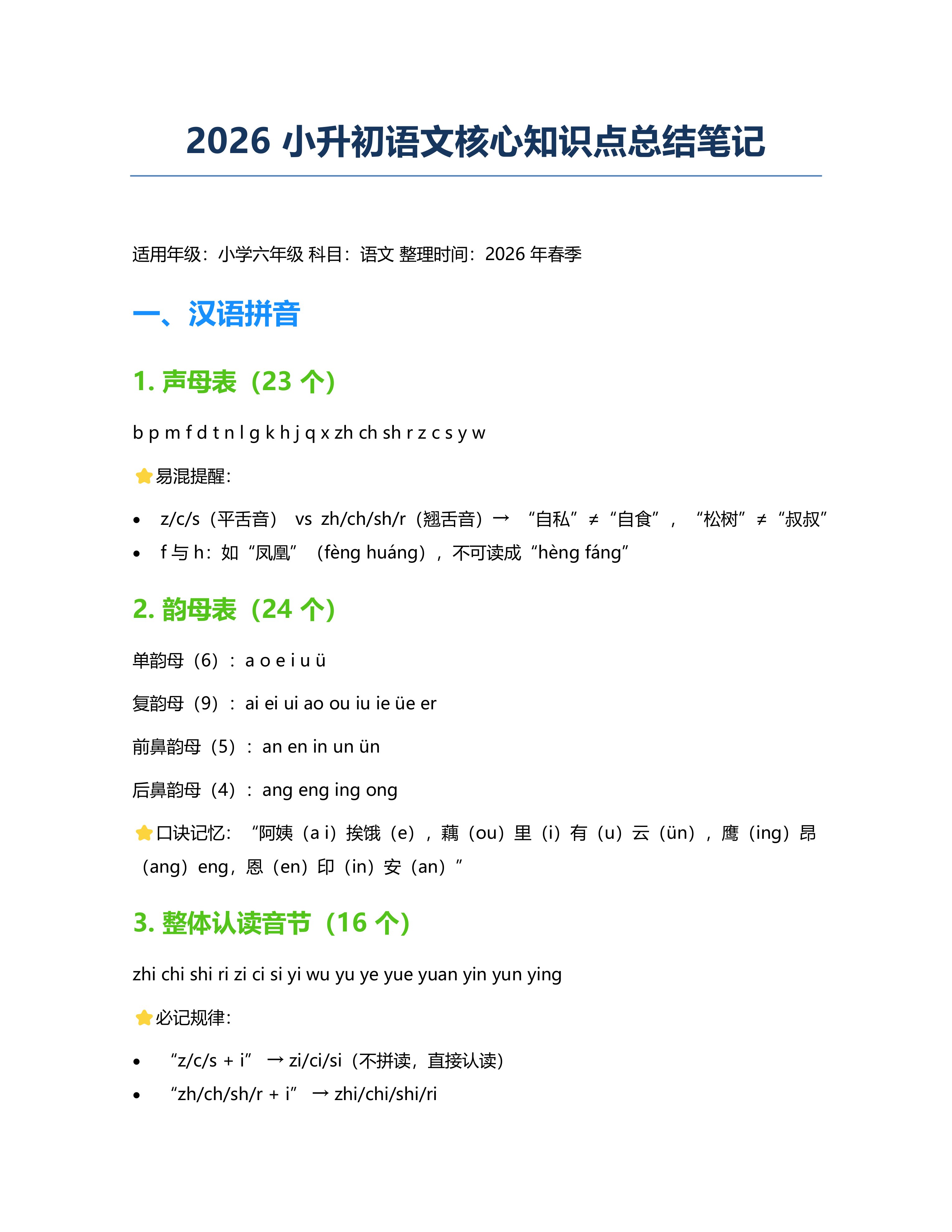 2026小升初语文核心知识点总结笔记
